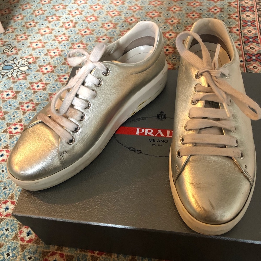 PRADA Metallic Leather Platform Sneakers 7.5 - Picture 6 of 12
